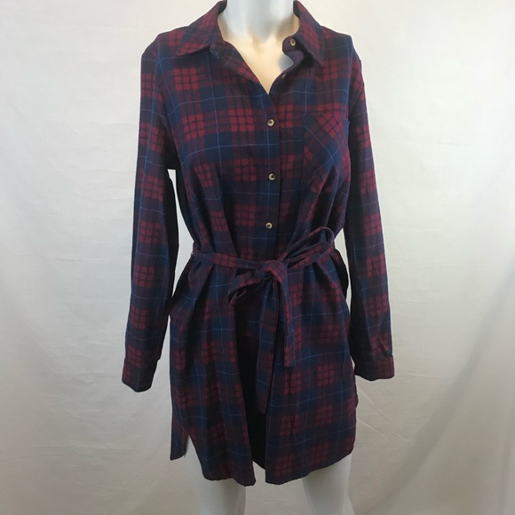 2/$40 Navy Red Plaid Flannel Tunic Top Dress - Picture 3 of 7
